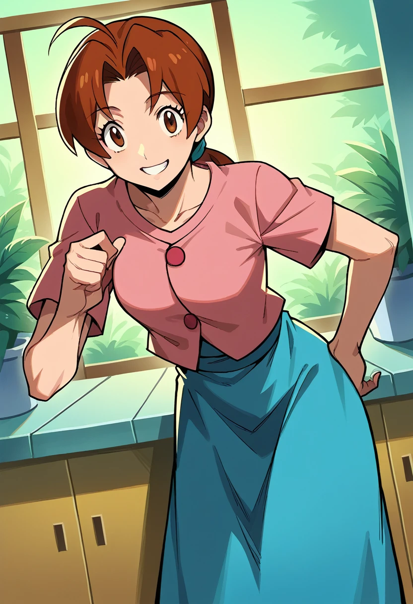 score_9, score_8_up, score_7_up, source_anime,
deliaketchum, deliaketchum, brown hair, brown eyes, parted bangs, ahoge, ponytail, low ponytail,
shirt, pink shirt, short sleeves, skirt, blue skirt, long skirt,
indoors, bent over, smile,
looking at viewer, cowboy shot, dutch angle,