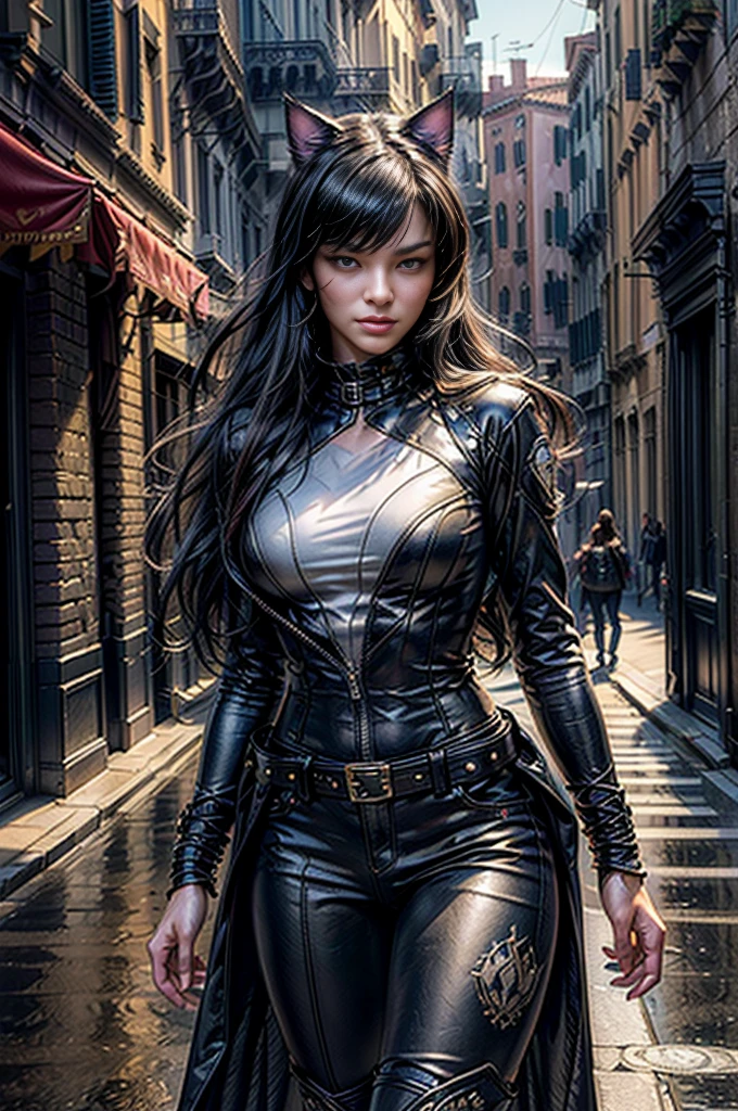 (masterpiece, best quality:1.2), cowboy shot, blake belladonna, cat ears, wearing combat jacket, combat pants, boots, walking in city street, venice, canal, crowd (masterpiece,stunning girlfriend, heart shaped face, elegant face, beautiful face, highly detailed face, highly detailed skin, skin pores, subsurface scattering, realistic pupils, looking at viewer, full lips, detailed background, depth of field, atmospheric perspective, volumetric lighting, sharp focus, absurdres, realistic proportions, good anatomy, (realistic, hyperrealistic:1.4), 16k hdr,