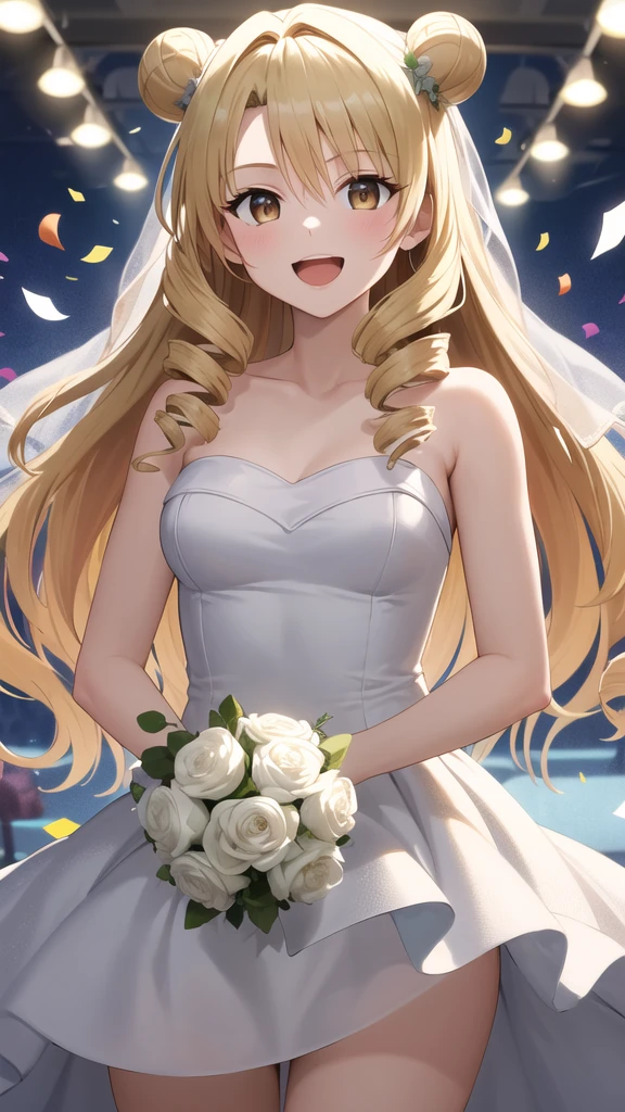 masterpiece, best quality, highres, 1girl, solo, long hair, blonde hair, double bun, drill hair, brown eyes, wedding dress, white dress, strapless, holding bouquet, cowboy shot, smile, open mouth, confetti,