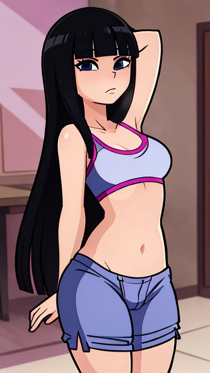 ((best quality)),((highly detailed)),masterpiece,absurdres,detailed face,beautiful face,((detailed eyes, deep eyes)),, sawako, 1femboy, girly, otokono ko, futanari, futa femboy,, cock,  femboy, otokonoko, androgynous, transgender, black hair, solo, long hair, bangs, black eyes, blunt bangs, hime cut, flat chest, sports bra, culotte panties with and erect bulge, sexy femboy, full body,