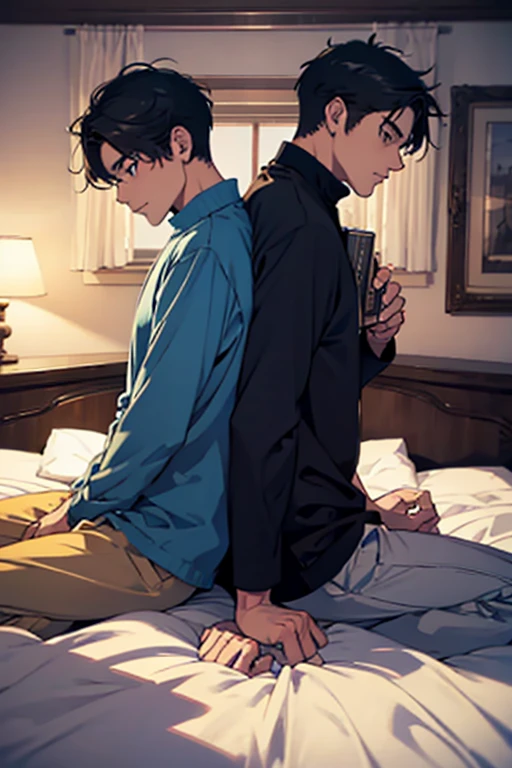 (Masterpiece), (Highest quality), Very detailed, ((Two men intimate:1.5)), Perfect Face, Beautiful Face, Very detailedな顔,(Full body photography:1.3),(Black-haired man:1.3),(Grey-haired man:1.3)、T-Shirts、smile