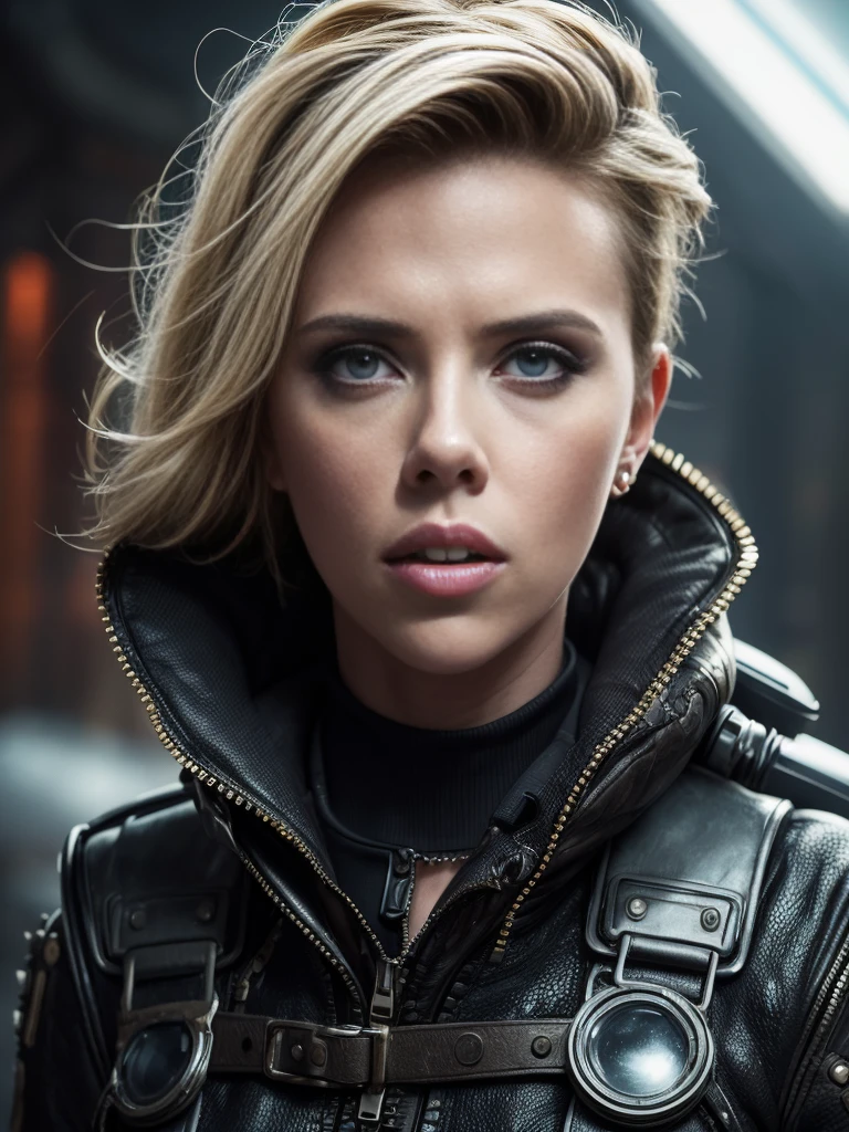 Close up portrait 1 young woman ,science fiction, complex background  punk, mad max , futuristic, post-apocalyptic, dark, dim light, ((masterpiece, best quality, )),Scarlett Johansson,looking at viewer