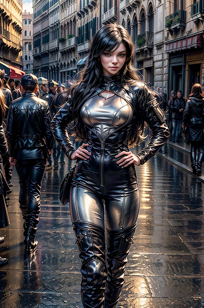 (masterpiece, best quality:1.2), cowboy shot, blake belladonna, cat ears, hands on hips, wearing combat jacket, combat pants, boots, walking in street, Venice, Italy, river, crowd (masterpiece,stunning girlfriend, heart shaped face, elegant face, beautiful face, highly detailed face, highly detailed skin, skin pores, subsurface scattering, realistic pupils, looking at viewer, full lips, detailed background, depth of field, atmospheric perspective, volumetric lighting, sharp focus, absurdres, realistic proportions, good anatomy, (realistic, hyperrealistic:1.4), 16k hdr,