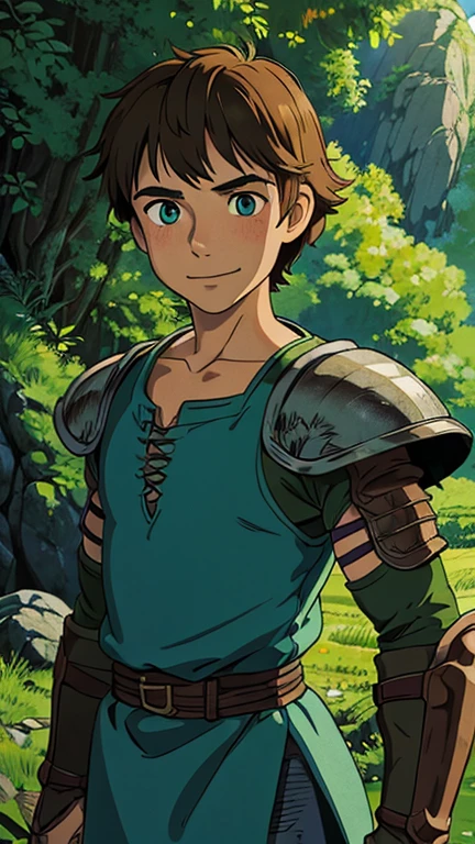 (a boy as Hiccup), (extremely detailed CG unit 8k wallpaper),(master part), (best quality), (ultra detail), (best illustration),(ghibli style), cowboy shot,(Sharp eyeliner, ombre, detailed eyes:1), prehistoric cave, outdoors, GHIBLI_Background,break,upper body, smile, (wearing armor)