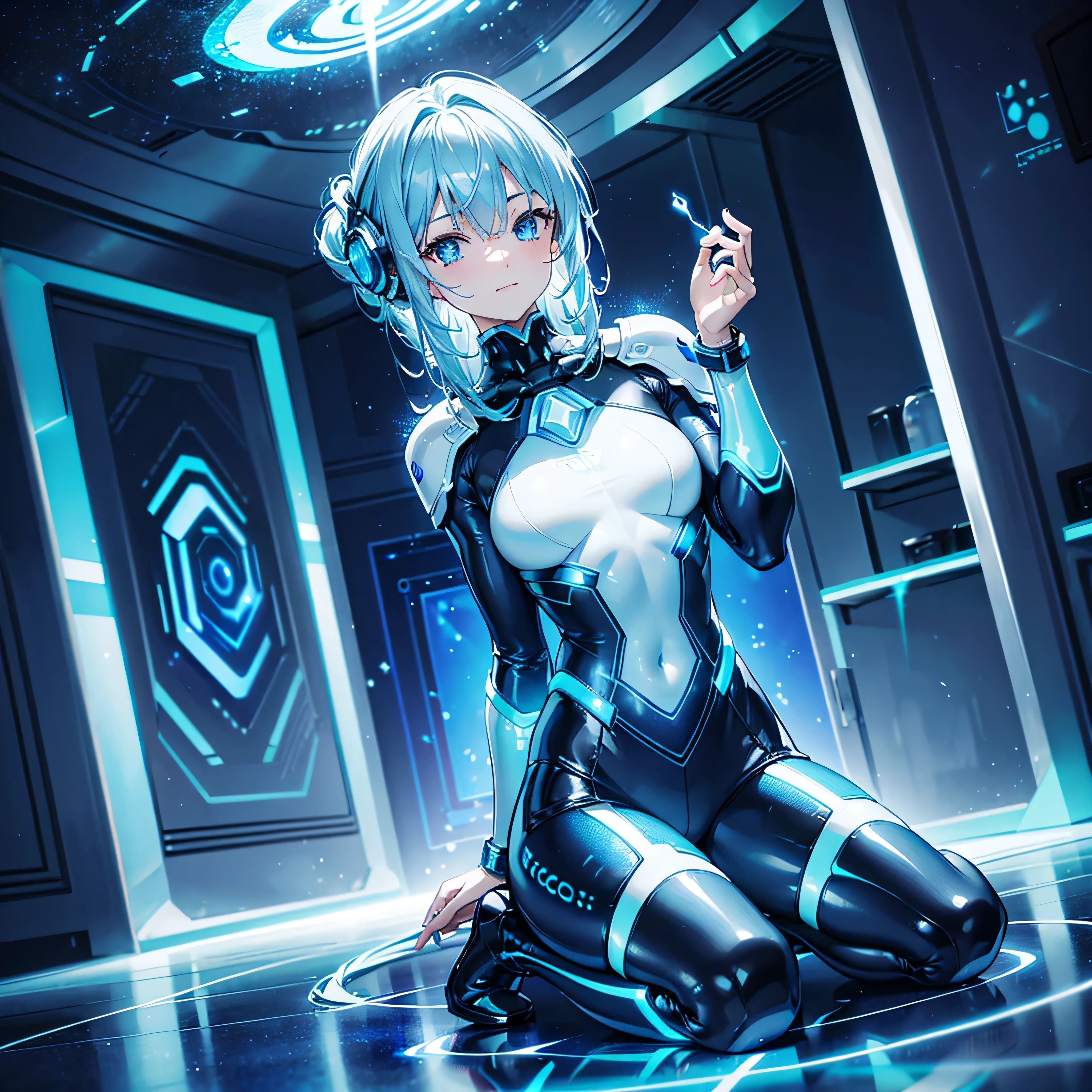 8K, Highest quality, (real:1.4), Original photo, 1 girl, Asari Hair, Biological Amplifier, Very sleek and futuristic armor, posture: Peace talks between warring factions,,attention arousal, smart blue eyes,A modest smile,Knee-high boots,Patent-look blue tights,Blue big moon and blue light swirl in the background,Blue light from behind,blue light magic,A small, glowing blue ball in the palm of your hand,Blue flame swirl,Blue Comet,Polished floor,