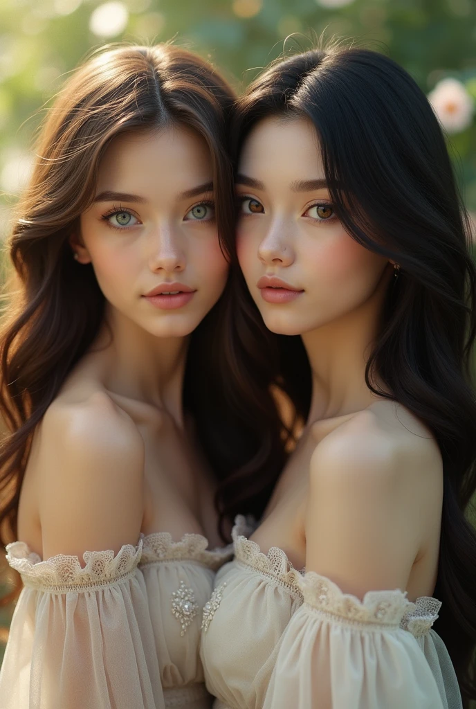 1 girl, serene expression, mesmerizing eyes, straight long hair, flowing dress, poised posture, porcelain skin, subtle blush, crystal pendant BREAK golden hour, (rim lighting):1.2, warm tones, sun flare, soft shadows, vibrant colors, painterly effect, dreamy atmosphere BREAK scenic lake, distant mountains, willow tree, calm water, reflection, sunlit clouds, peaceful ambiance, idyllic sunset, ultra detailed, official art, unity 8k wallpaper , zentangle, mandala, (two heads)