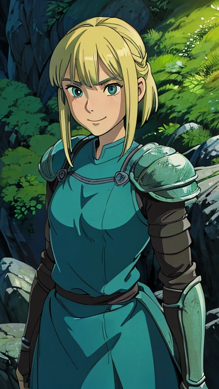 (a girl as Astrid), (extremely detailed CG unit 8k wallpaper),(master part), (best quality), (ultra detail), (best illustration),(ghibli style), cowboy shot,(Sharp eyeliner, ombre, detailed eyes:1), prehistoric cave, outdoors, GHIBLI_Background,break,upper body, smile, (wearing dark blue with green flecks cloth armor)