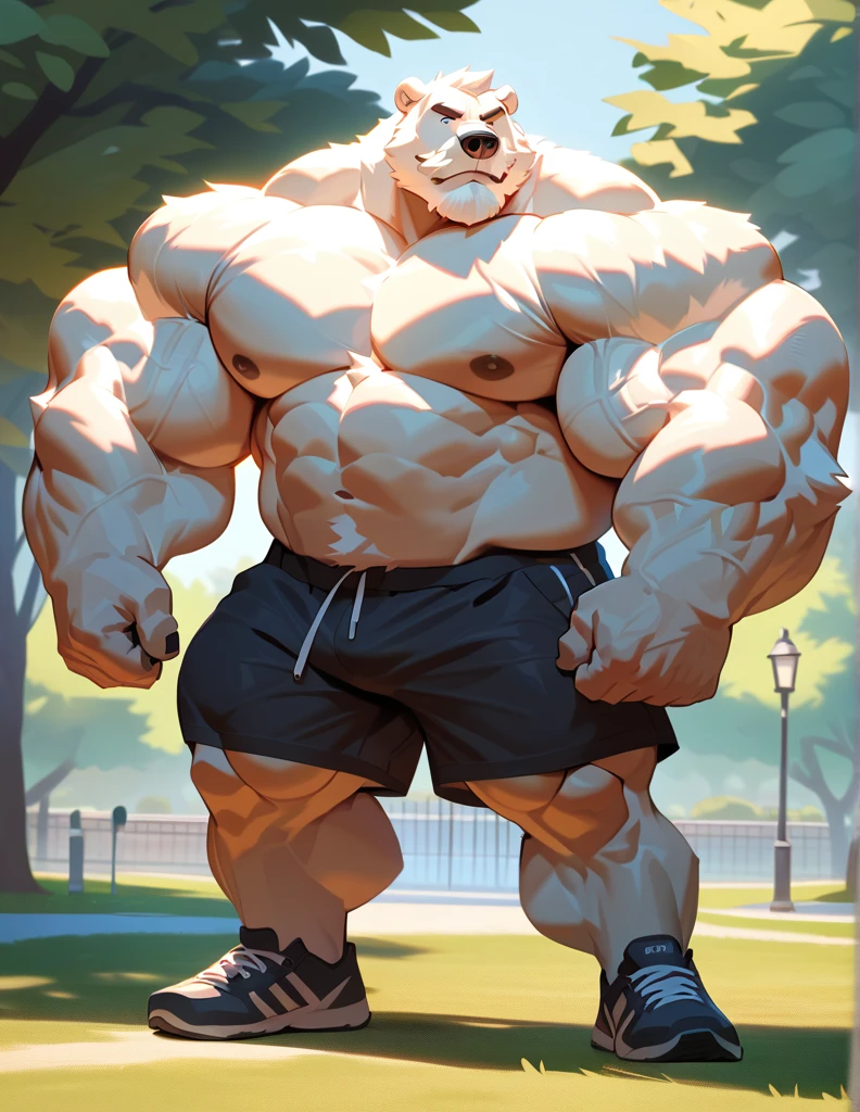 Solo, 1boy, perfect anatomy, perfect proportion, (chief bogo, police shorts, park), topless, Shirtless, perfect center, sharp eyes, big eyes, peaceful, eyes, (smile, happiness), calm, perfect fingers, big hand, fingers. Huge Muscular Old man with short hair, shoes, (cargo shorts), view from side, pectoral, thick arms, huge pectoral, wide pectoral, white hair, white beards, simple background, masterpiece, semirealistic:1.2, high detailed, 8k, high resolution, perfect center, full view. ((really big muscle, massive muscular, sixpack, thick arms, wide pectoral, super huge muscle, hyper muscular, over sized muscle, huge arms, big arms, huge pectoral))