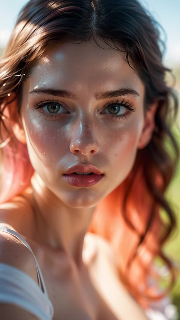 (((ultra realistic))) photoshot, work of art, Maximum quality, (Pale skin), (Rosto e olhos ultra detailds:1.3), 1 girl, on a t-shirt, (eye make up, mascara) , ((Detailed big lips)), ((pink wavy hair)), ((Chyolka)) , (natural breasts), Waist slender. ((posando)), photoshoot, studio (soft lighting), (The play of light and shadows), Depth of field, bokeh, (special attention to skin details: 1.2), Detailed leather texture, skin pore. (Airy frame atmosphere. Color range - delicate, Ablaze, offwhite, Tons rosa), dr, ((film grain)), ((lightning strikes)), ((sun glints)), ((Portrait from waist up, close to the camera)) , ultra detaild,