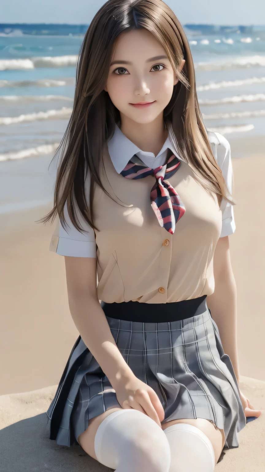 (RAW Photos, Highest quality), (Realistic, photo-Realistic:1.3), masterpiece, Very delicate and beautiful, Very detailed, CG, Unity , 2k wallpaper, wonderful, In detail, 軽いsmile, Very detailed CG Unity 8k wallpaper, Large file size, Very detailedな, High resolution, Absurd, Soft Light, (((Medium Hair:1.3), Short bangs, blonde、Floating Hair NovaFrogStyle)), Beautiful detailed girl, Detailed fingers, Very detailed eyes and face, Beautiful and sophisticated nose, Beautiful details, Long eyelashes, Light on the face, View Audience,((uniform:1.5)),  focus, One Girl, cute, young, Mature Face, (whole body:1.3), ((Small breasts)), Realistic face, Realistic body, Beautiful thigh detail,:Gravure idol，Clear Skin、Lolita，Photorealistic:1.37、Bright sunny day、Crystal clear blue sea、Shining Sun、Sparkling reflection of wave front、Cold sea breeze、Underwater、smile、smile