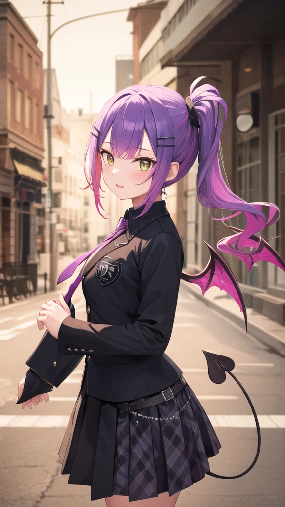 masterpiece, best quality, highres, eetowa, long hair, side ponytail, sidelocks, demon horns, hairclip, demon wings, demon tail, purple necktie, black shirt, collared shirt, long sleeves, black skirt, plaid skirt, standing, cowboy shot, street,