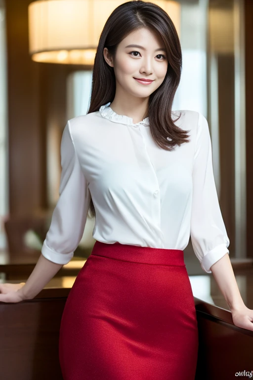 nsfw, Top quality and realistic, Surreal, Super Fine, Highly detailed CG, Very delicate and beautiful, 8K wallpaper, High resolution, Modern city hotel lobby, (Dim lighting), Single women, 3, ((whole body)), ((Standing facing this way)), (White blouse), (Long skirt), (Red High Heels), Medium straight hair, smile, Thin lips, slim, Small breasts, (Ultra detailed face), (Highly detailed facial expressions)