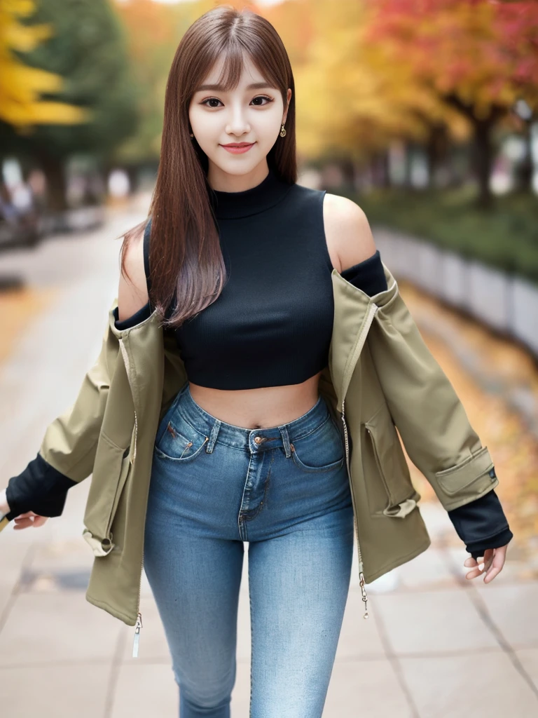 (SFW:1.5), (((Perfect Anatomy))), "(((Mastepiece, Ultra High Quality, Ultra-high resolution, 8k, Photorealistic:1.5, Portrait:whole body))), "(((solo, 19yo, Young woman, k-pop idol:1.5)))", "Realistic face and eye details, Smaller face, Slit eyes, Beautiful eyes, Highly detailed gradient eyes, ((Catchlight:1.8), smile, ((Eye highlights))", "{{Vulgar}}, Natural skin texture, Clear and fair skin, valley:1.2, Glowing Skin",Sunshine, "Slender body, Toned body,Narrow waist", "gloss々Hair, See-through bangs, Long Hair, Straight Hair", Pink inner color,  "((Off-the-shoulder khaki outerwear))", Skinny jeans, Layered,"((Black sleeveless top with bare midriff))", (place：Autumn Promenade ), (((Leaning forward, Looking at the camera))), 