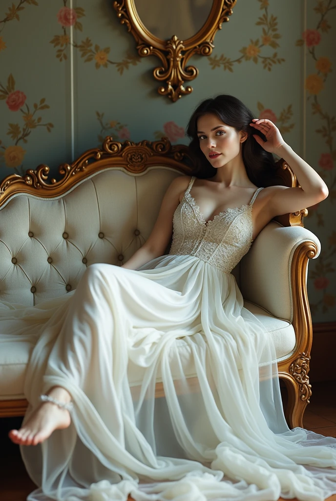 young woman alone, without clothes sitting on an armchair with her legs open