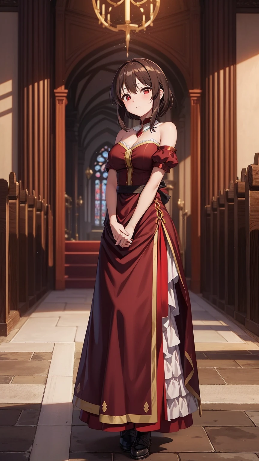 Envision Megumin from Konosuba, with her short brown hair and striking red eyes, dressed in a beautiful bridal gown, standing in a charming church setting. The scene radiates a blend of magical charm and the solemnity of a wedding ceremony, capturing a unique moment for this explosive mage.