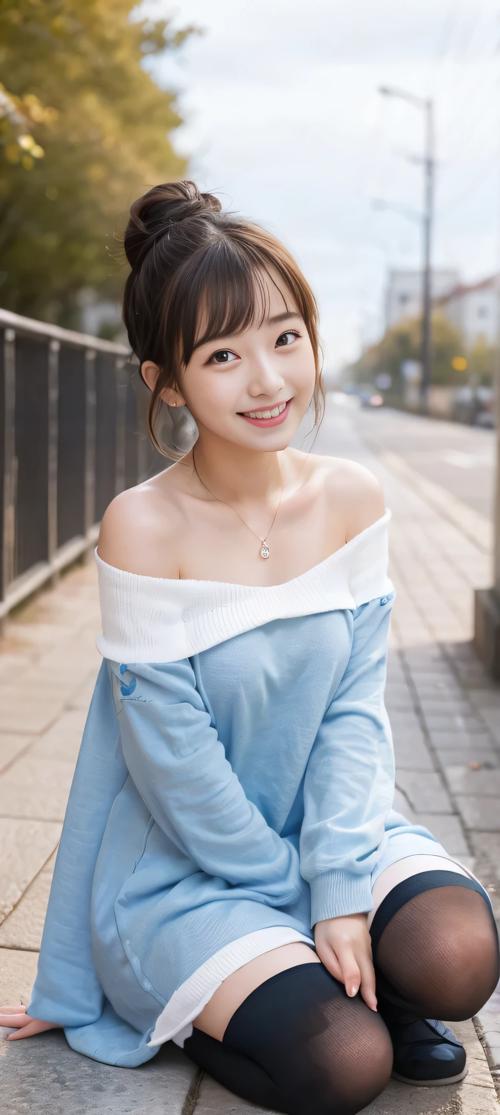 high quality, detailed,She is a Japanese girl,She is sweating a lot,She has a mole under her eye,Small breasts,(She is wearing a long-sleeved, sky blue, oversized T-shirt dress.,offshoulder,Very very wet clothes,),Blunt bangs,((Hair Bun)),huge smileベッドの上,((Wear over-the-knee socks)),thin,Face Up,