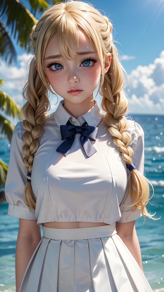 ((Highest quality)), ((masterpiece)), (detailed), braided high twintail, ((Blonde hair)), (high girl), (erect penis:1.2), Very Cute Eyes, False eyelashes, tilt head, (((Watery eye))), (cheek:1.3), (surprised:1.5), Glossy thick lips, shiny white skin, pleated skirt, close up upper body, outside, moonlight, shootingstar, wind, semen is dripping from penis