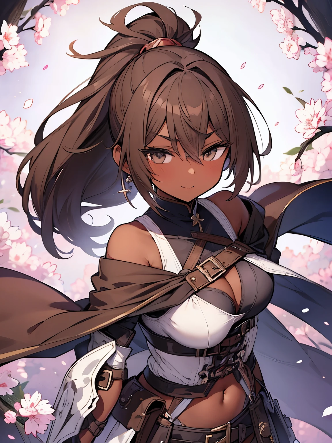(masterpiece), Young cute anime girl、Adventurer、Belt Top、Pantyhose、Earrings、Body Harness、Black Hair、Black Eyes、tsurime、(Thick eyebrows)、((Brown Skin:1.5))、Shiny skin、Big Eyes、(Short Ponytail)、Hair between the eyes、Sideburns、Hair ornaments、Big Breasts、Cleavage、low length、Sexy pose、A world of swords and magic、 Detailed anime style、Anime Paint、Digital drawing、Anime Face、High image quality、Attention to detail、Ultra-high resolution、Sharpness、Sharp contours、(whole body:1.6)、Perfect Anatomy、Medieval Village、Cheek、smile、Shabby Cape、Waist pouch、Short boots、Leg Pouch、Gauntlet、breastplate、thigh knife holster、剣と魔法のFantasyの世界、Fantasy、Off the shoulder
