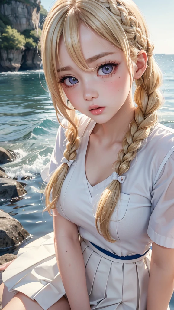 ((Highest quality)), ((masterpiece)), (detailed), braided high twintail, ((Blonde hair)), (highschool girl), (erect penis:1.2), Very Cute Eyes, False eyelashes, tilt head, (((Watery eye))), (cheek:1.3), (surprised:1.5), Glossy thick lips, shiny white skin, pleated skirt, close up upper body, outside, moonlight, shootingstar, wind, semen is dripping from penis