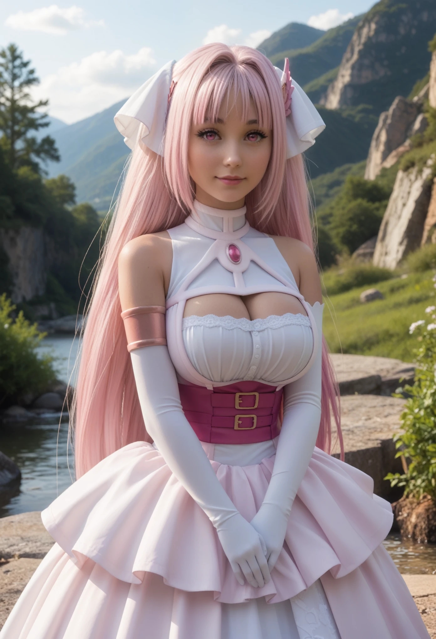 Score_PnyReal,BREAK,1girl, solo,(huge breasts,large breasts:1.2),long eyelashes, , hair_ornament, large_breasts, elbow_gloves, cleavage_cutout, bare_shoulders, pink_eyes, long_hair, hair_intakes, pink_hair, white, full body ,landscape,glowing,outdoors,ripples,scenery,water,light rays,,dark theme,,happy,looking at viewer, standing,(zPDXL2:1.5)