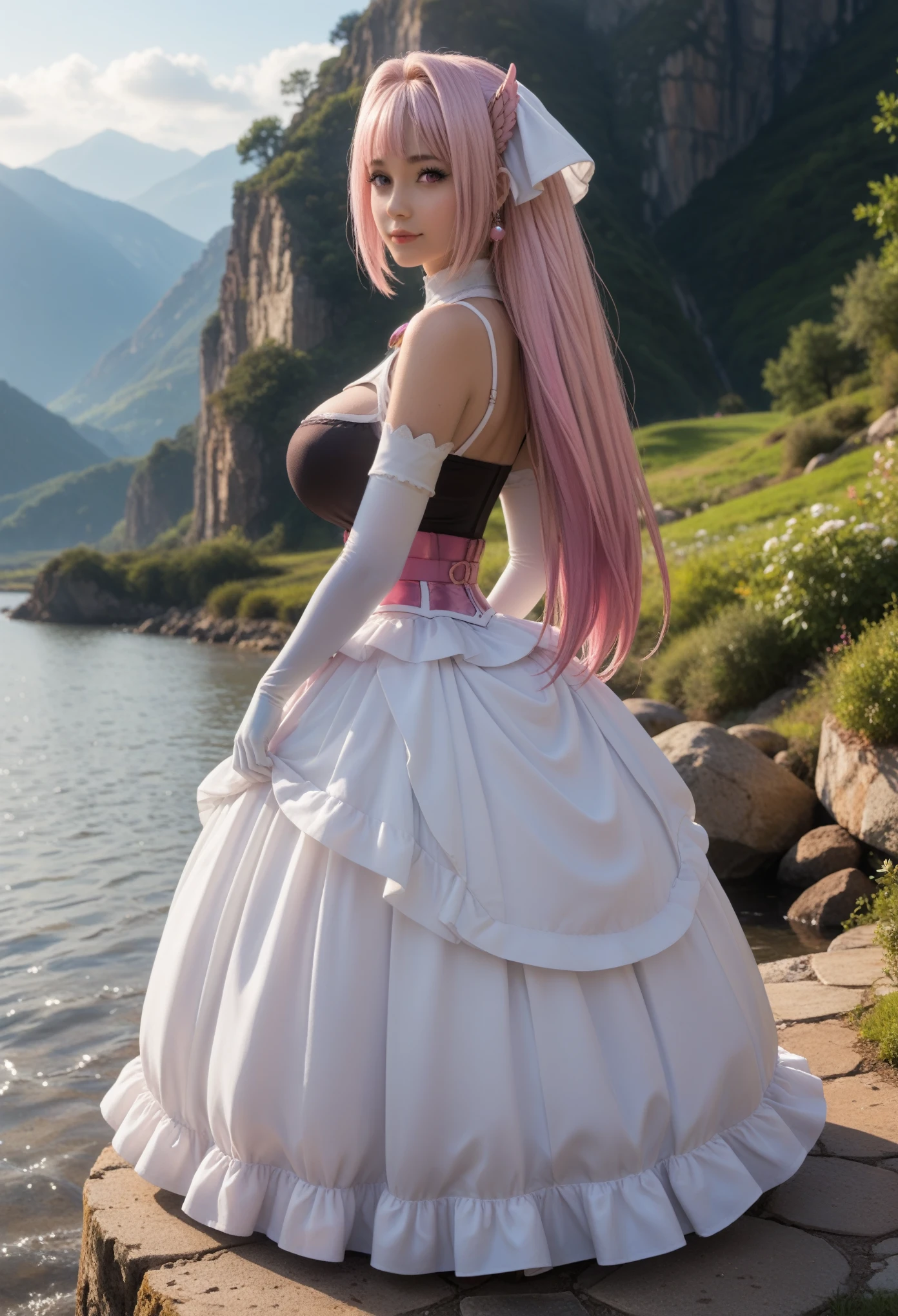 Score_PnyReal,BREAK,1girl, solo,(huge breasts,large breasts:1.2),long eyelashes, , hair_ornament, large_breasts, elbow_gloves, cleavage_cutout, bare_shoulders, pink_eyes, long_hair, hair_intakes, pink_hair, white, full body ,landscape,glowing,outdoors,ripples,scenery,water,light rays,,dark theme,,happy,from behind,thick ass, looking at viewer, standing, backless dress,,(zPDXL2:1.5)