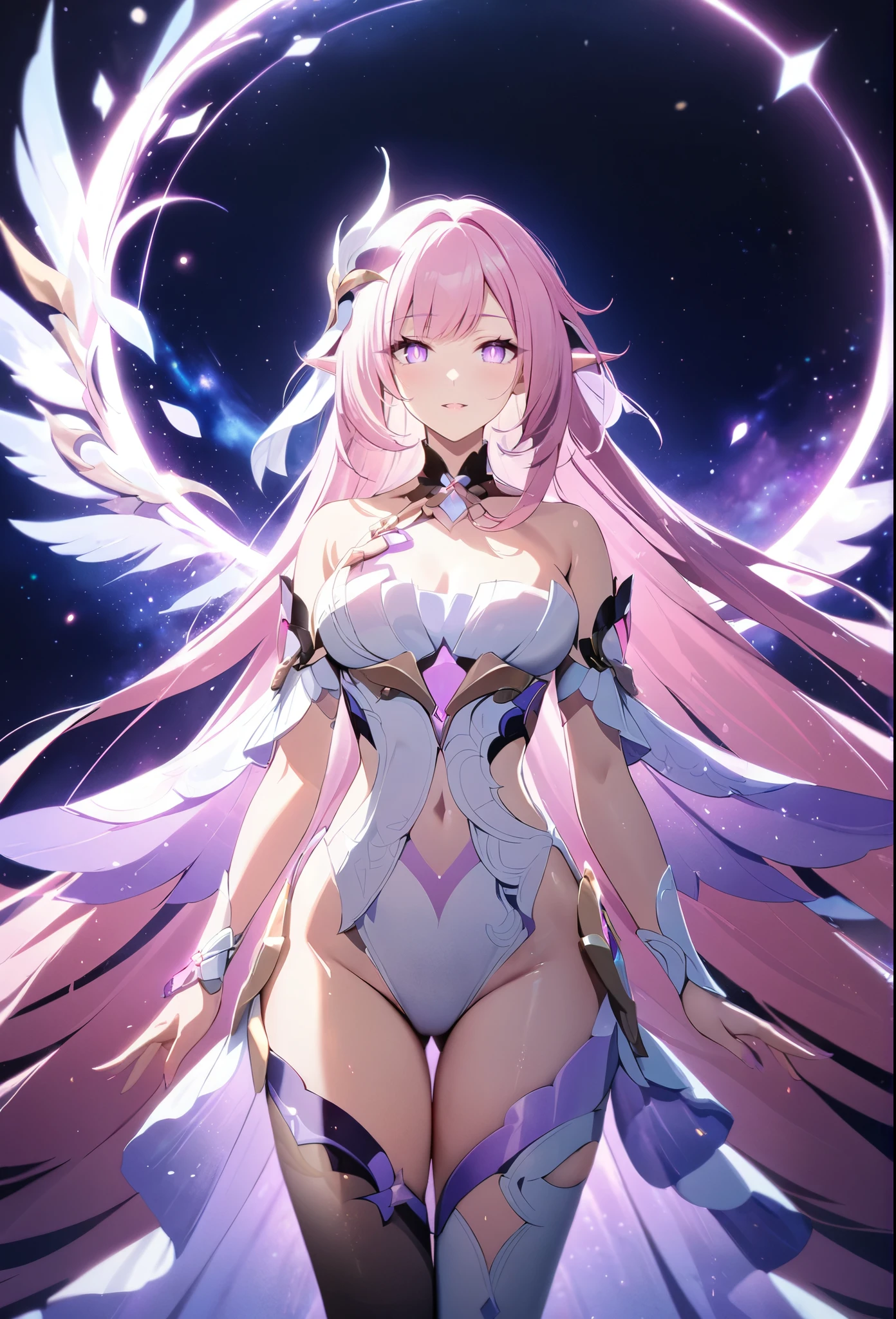 very aesthetic,1girl,elysia_/(herrscher_of_human:ego/)_/(honkai_impact/),graceful,pointed_ears,pink_hair,dreamy anime fantasy,very long hair,ultra-detailed,body details,delicate,soft color palette,elegant,effects of light and shadow,holy and divine,peaceful,serene,impeccable,transcendent beauty,awe-inspiring artwork,anime art style,perfect breasts,pale purple eyes with pink slit pupils,mature adult woman,holy mother,(realistic:.25),watercolor,narrow waist, slender shoulders,feminine beauty,raytracing,light purple eyes,dsmile,celestial,intricate,long eyelashes,goddess,(best quality,4k,8k,highres,masterpiece:1.2),mihoyo,full body,asymmetrical legwear