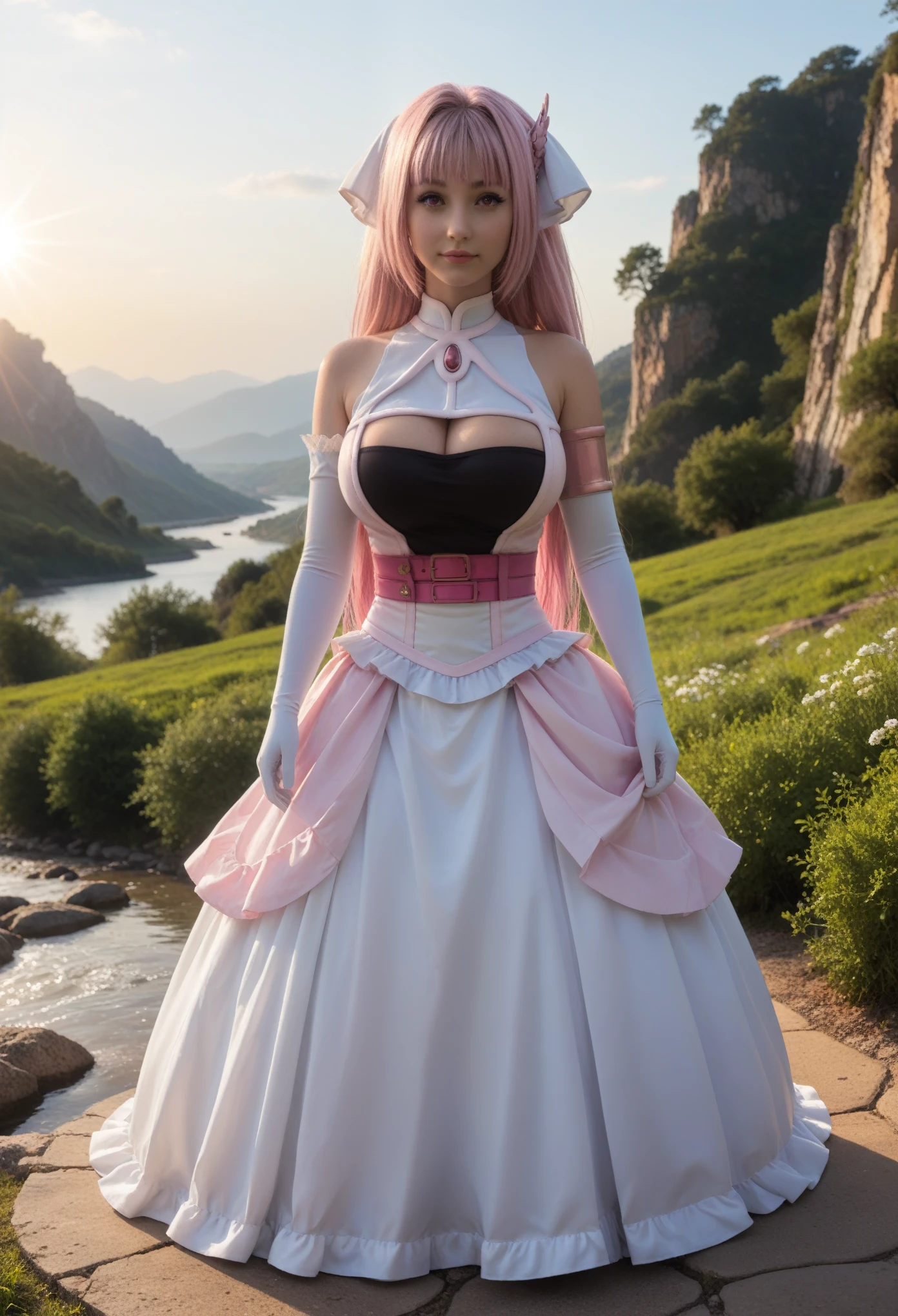 Score_PnyReal,BREAK,1girl, solo,(huge breasts,large breasts:1.2),long eyelashes, , hair_ornament, large_breasts, elbow_gloves, cleavage_cutout, bare_shoulders, pink_eyes, long_hair, hair_intakes, pink_hair, white, full body ,landscape,glowing,outdoors,ripples,scenery,water,light rays,,dark theme,,happy,looking at viewer, standing,(zPDXL2:1.5)