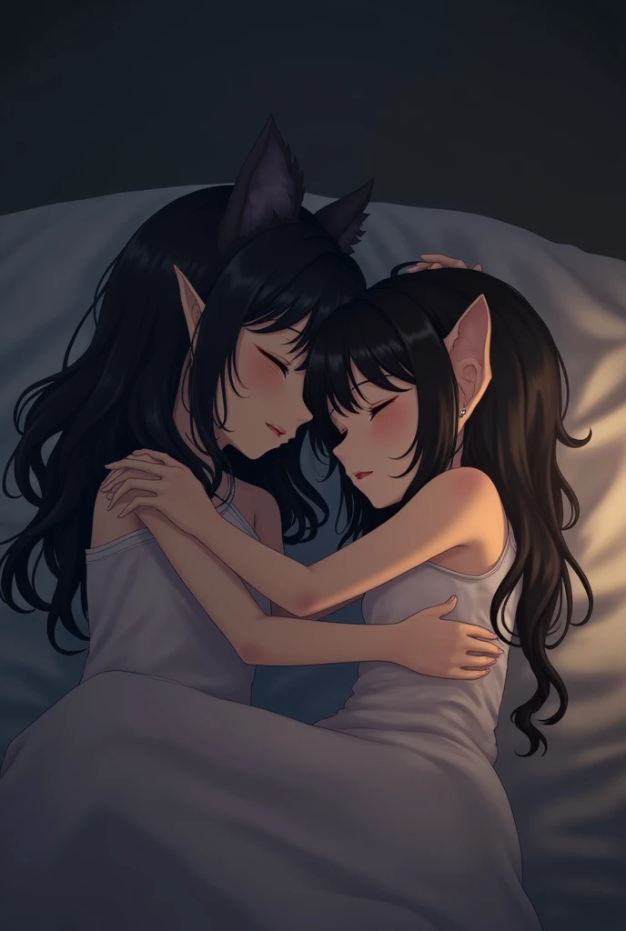He was wearing only a large black T-shirt and nothing underneath.、Elf Girl、Age is 8 years old、Medium-long black hair、Grey Eyes、Lying in a dark bedroom、Crying expression