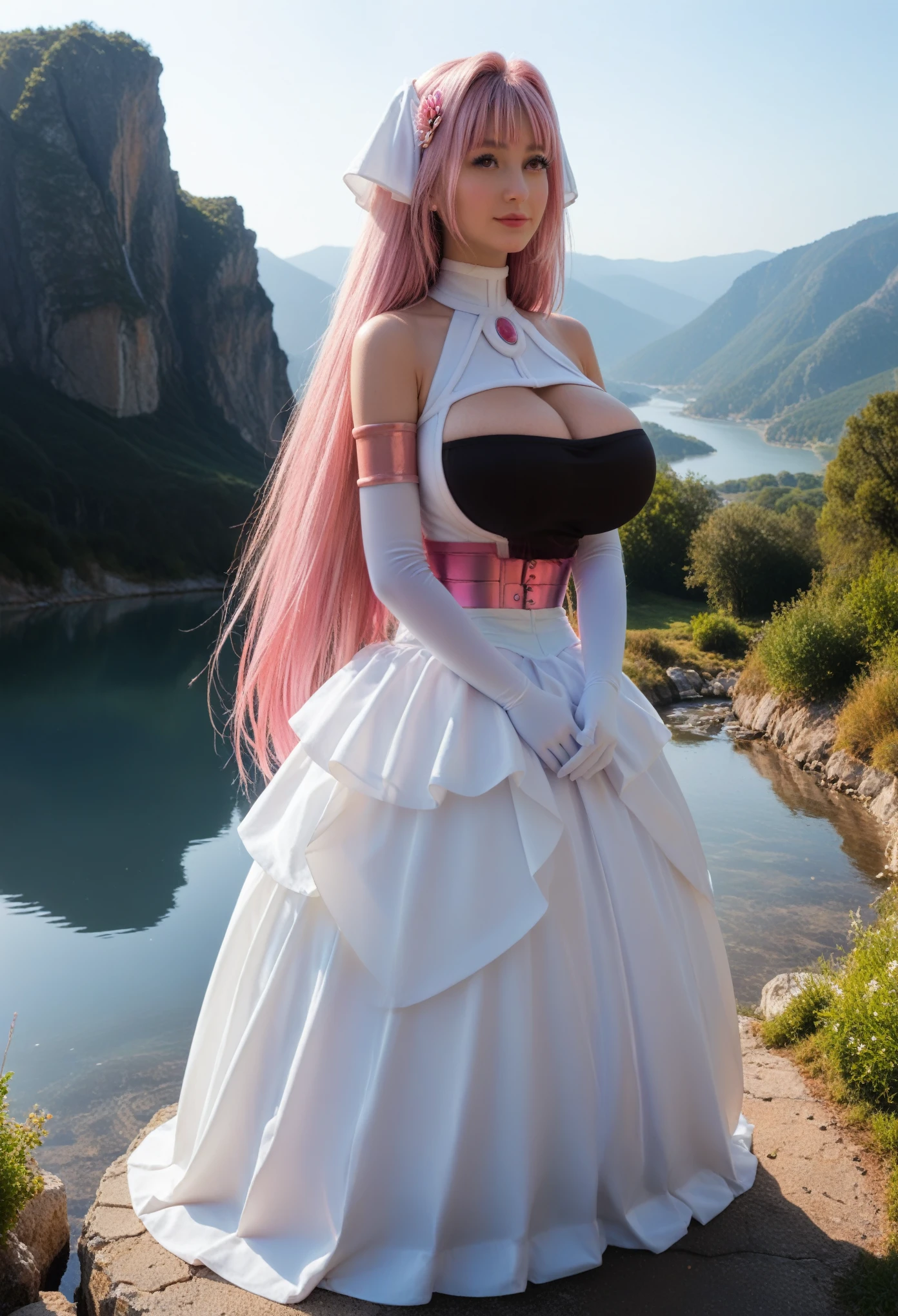 Score_PnyReal,BREAK,1girl, solo,(huge breasts,large breasts:1.2),long eyelashes, , hair_ornament, large_breasts, elbow_gloves, cleavage_cutout, bare_shoulders, pink_eyes, long_hair, hair_intakes, pink_hair, white, full body ,landscape,glowing,outdoors,ripples,scenery,water,light rays,,dark theme,,happy,from behind,thick ass, looking at viewer, standing, backless dress,,(zPDXL2:1.5)