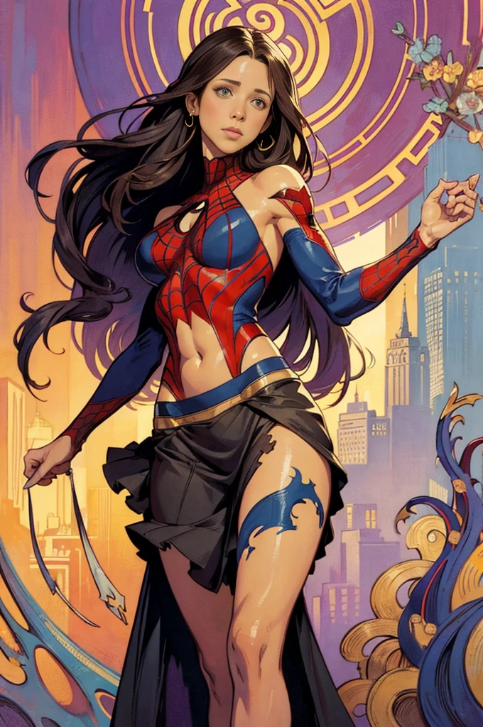 Adriana Lima、Sticking out the navel、newyork、She wears a torn Spider-Man suit,wearing skirt、abstract photorealistic、artistic、Alphonse Mucha's painting(​masterpiece、top-quality、hight resolution:1.4)、detaileds、intricate-detail、4K、color splashes、line-drawing、Fibonacci、