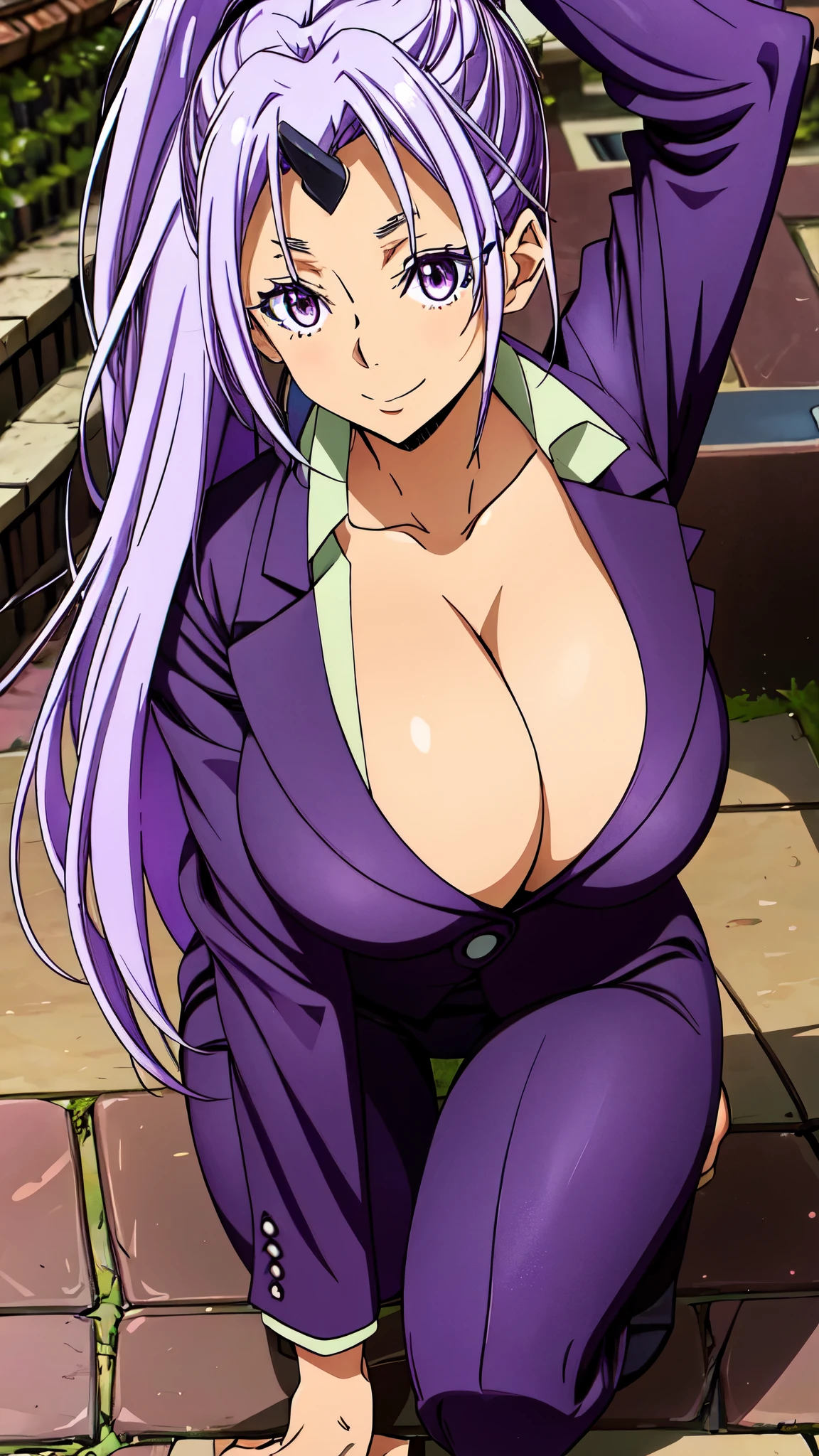 (masterpiece:1.0), (Best Quality:1.0), 4K, Super detailed, Anime Style, Beautiful Face、(Glossy lips)、Glowing Skin、cleavage, purple hair, purple eyes, from front, from above, Natural smile、blush, purple_hair,purple_eye, bangs, high_ponytail, Tight waist、gigantic breasts、Cleavage、1 girl, 20 years old, Young woman, Beautiful Long Legs, purple suit, micro mini-skirt, squatting, both hands on chest, sexy pose, bewitching pose, morning、In a medieval alley、