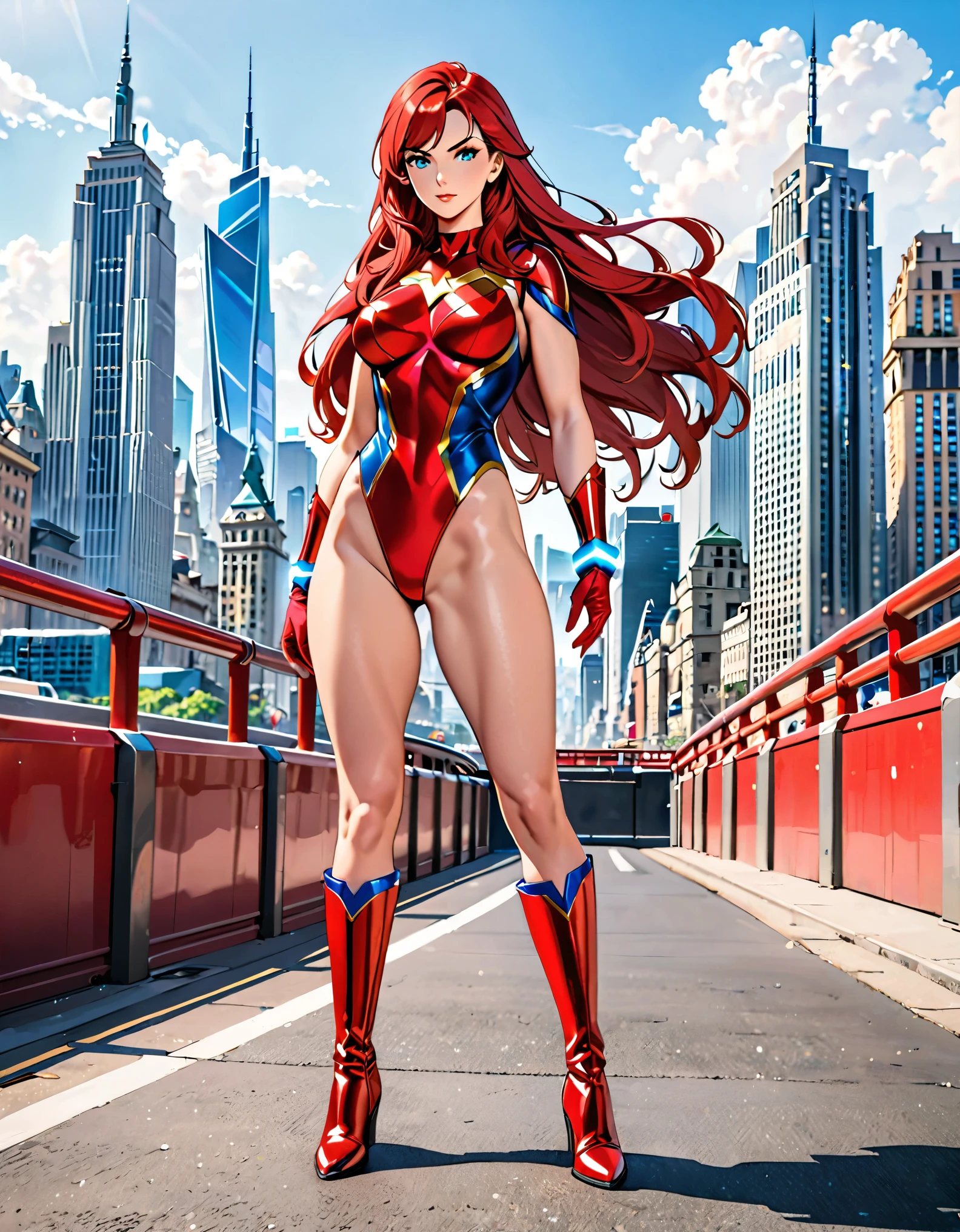1girl, medium breasts, leotard, red leotard with blue accents, bare legs, boots, matching boots, bracelets, city backdrop, solo, single, standing, full body shot, cowboy shot, beautiful detailed eyes, mature lady, red hair, long hair