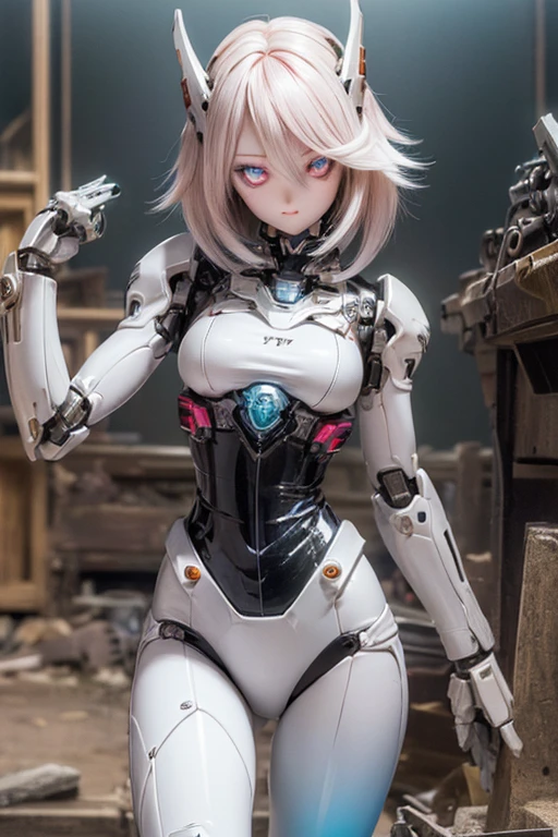 (SFW:2), photorealistic, realistic photo, 8k, ((highest quality)), ((masterpiece)), (extremely detailed), kukolnydom, doll, mecha musume, mechanical parts, robot joints, head gear, bodysuit, (cowboy shot, mature woman, 21yo, 21_years_old, solo:1.6), (wielding blaster gun, ruins, plastic skin, looking on viewer, medium breasts, medium hair, glass eyes, gradient eyes, shining eyes, detailed eyes:1.3)