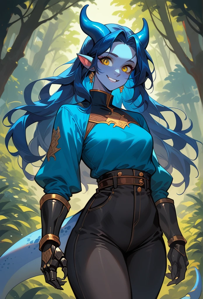 (Cowboy Shot) Adult female kobold, with long dark blue hair, long hair, yellow eyes, blue scale skin, a small tail and small blue horns. Fully clothed, in a longsleeve darkblue shirt and black pants, wearing thick steel gauntlets in a forest, small smile, and small muscles.