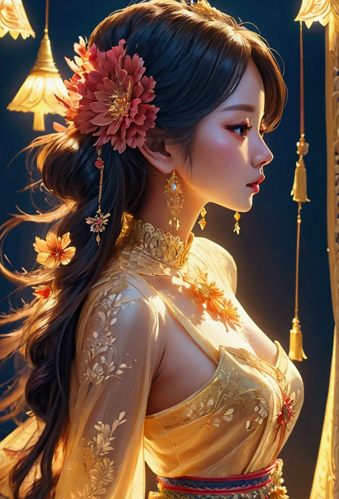 (Detailed illustration, Very detailed), Beautiful girl from Myanmar, big ass, Traditional Myanmar Costume, flower, soft lighting, Cinematic, Beautiful detailed hair, Random hairstyle that reveals the neckline, Natural random background, masterpiece, Realistic photos, Concept Art,