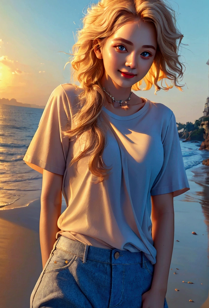 (8k, RAW picture, Top quality, masterpiece:1.3), (really,picture:1.37), (I&#39;m watching the viewers:1.331), Pose, beach, Morning view, sunrise, clear sky, (1 woman, very beautiful face), Put your little hands down, (short hair_Pony Hair Style, fluffy hair, Straight hair), random expression, Smile at the corners of one&#39;s mouth, big eyes, (t-shirt, Round collar, Short sleeves, Opaque color, Shirt color), (Wearing pants), mix 4, No headgear, Top quality Hair.