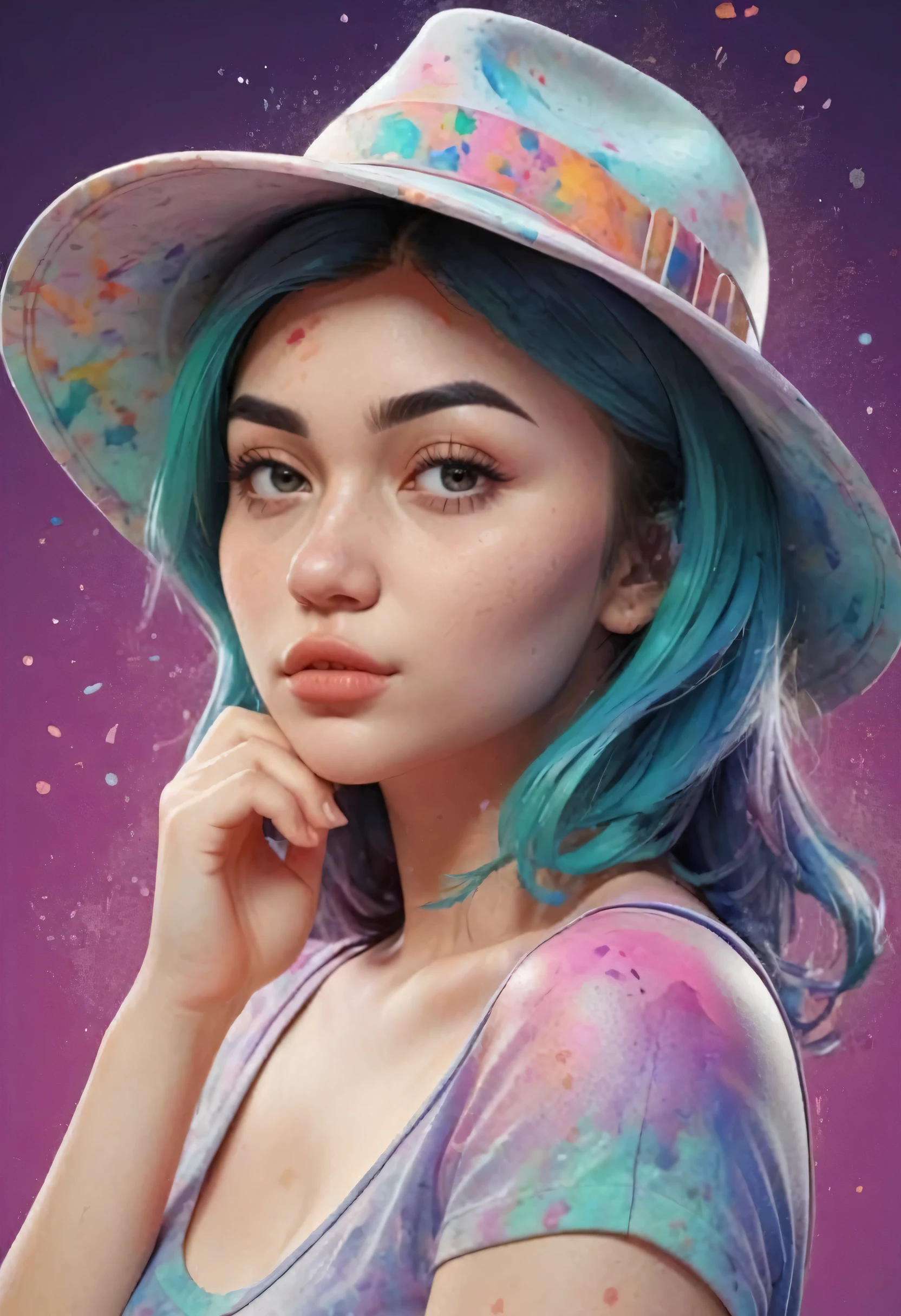 A detailed illustration of a beautiful girl, wearing a hat, the girl have tattoos in the arms, psychedelic artsyle, t-shirt design, splatter artstyle, pastel tetradic colors, 3D vector art, fantasy art, watercolor effect, Adobe Illustrator, hand-drawn, digital painting, low-poly, soft lighting, isometric style, retro aesthetic focused on the character, 4K resolution, photorealistic rendering, using Cinema 4D