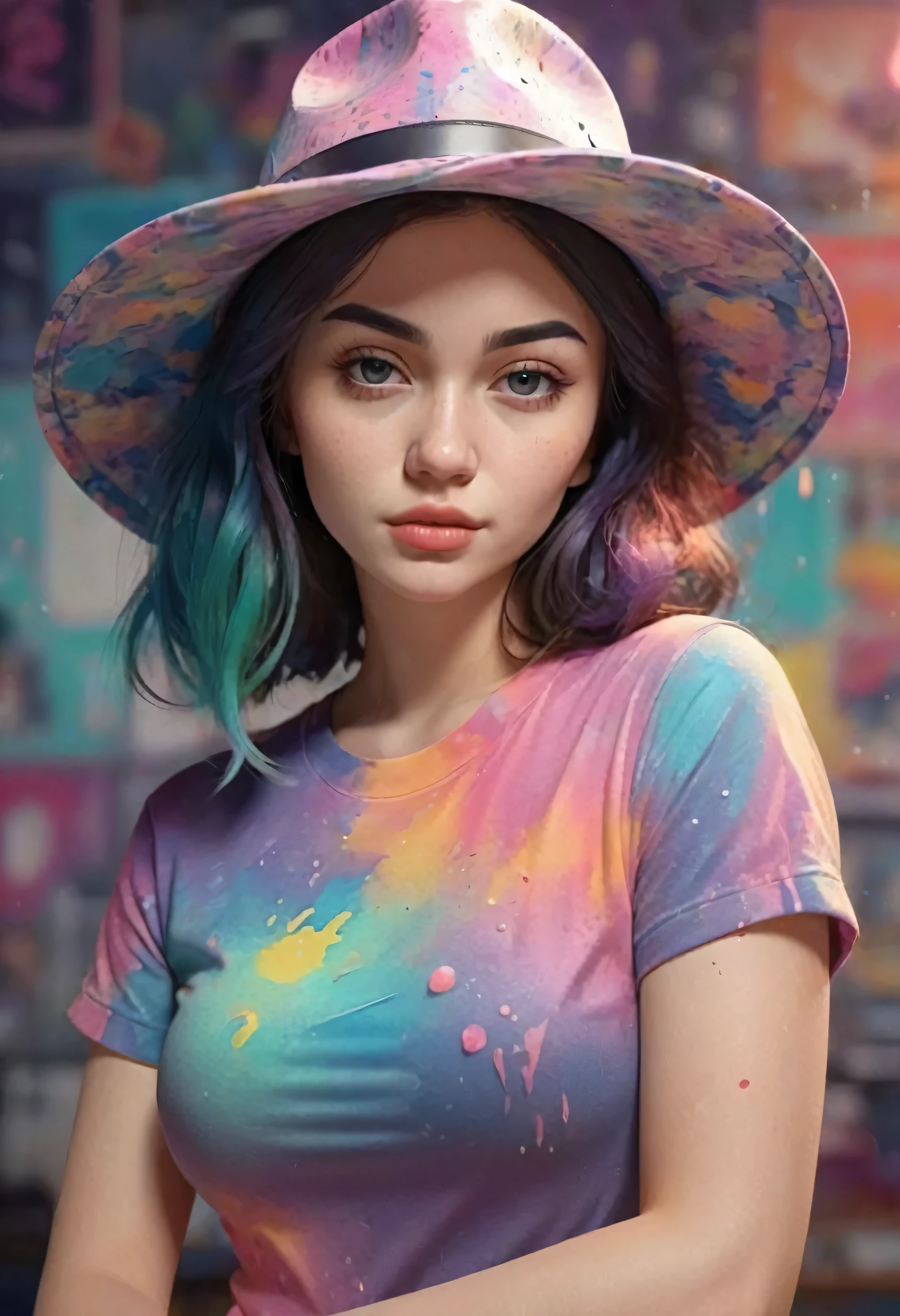 A detailed illustration of a beautiful girl, wearing a hat, the girl have tattoos in the arms, psychedelic artsyle, t-shirt design, splatter artstyle, pastel tetradic colors, 3D vector art, fantasy art, watercolor effect, Adobe Illustrator, hand-drawn, digital painting, low-poly, soft lighting, isometric style, retro aesthetic focused on the character, 4K resolution, photorealistic rendering, using Cinema 4D