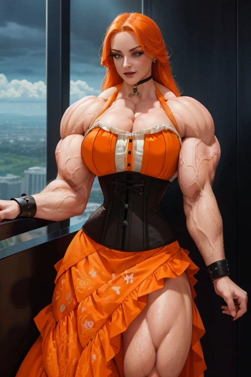 ((((Massive tall, beautiful, buff, pale white skinned muscular woman with orange hair, black lipstick, ginormous bulky muscles and wearing a orange off shoulder blouse with beautiful long pleated skirt)))), (close view), (massive muscles), long beachy hair, ((chained belt)), green eyes, choker, ((orange off shoulder sweater)), ((beautiful long pleated skirt)), belt, thigh high socks, (gauntlets), black boots, (in a mystical firefly river), closed smile, night, massive muscles