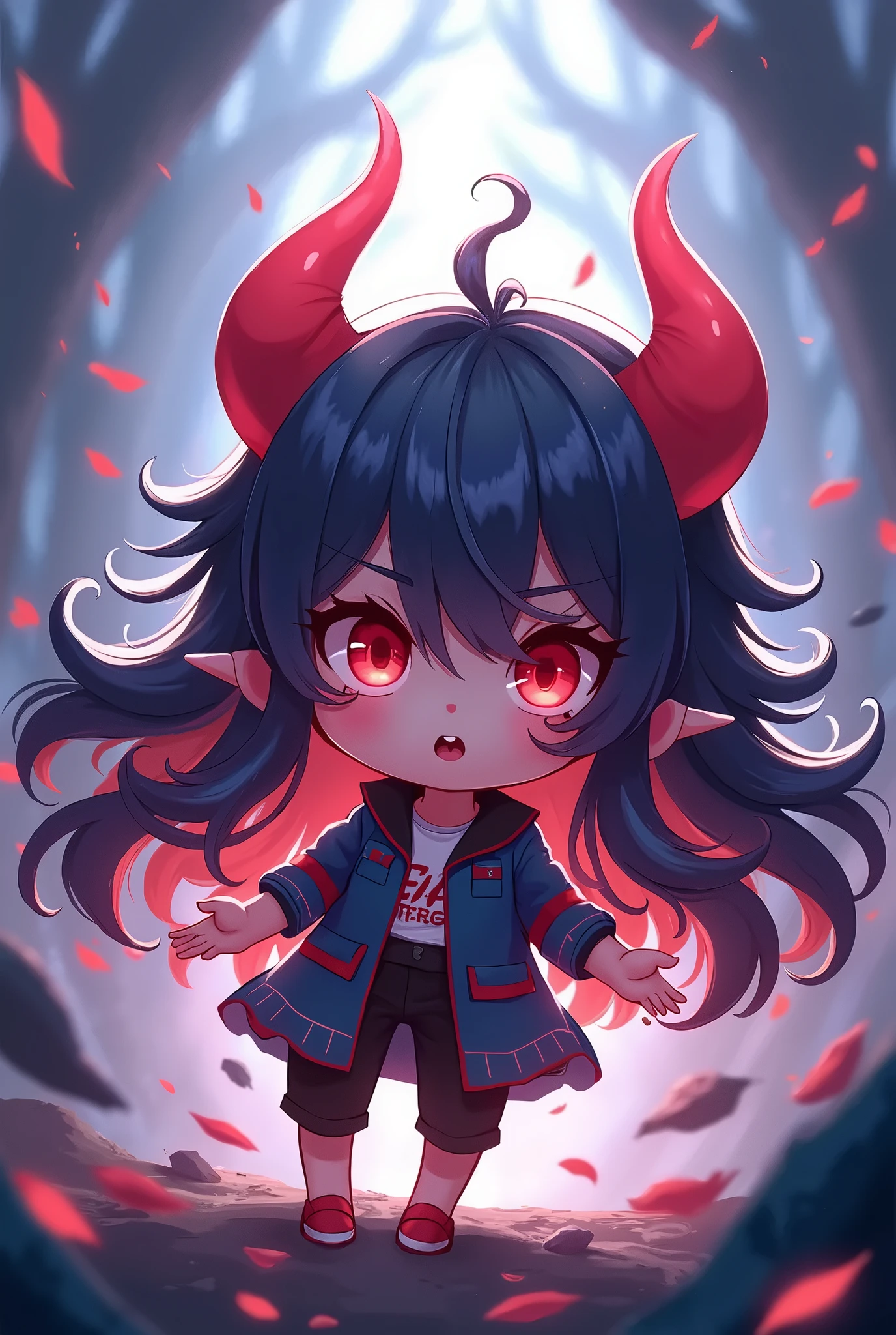 ((​masterpiece、top-quality))、(Complex lighting)、odious body、morning、suns、sea bathing、Floating in the air、(((Lots of glowing bubbles flutter、Splash paint)))、Small Devil、独奏、full body Esbian、1girl in、red eyes、Long Black Hair、tanktop shirt、Jeans shorts、absurderes, Grayscale BreakGuess Gaze、(evil smile:1.4)、looking at the viewers、sharpteeth、(Crazy red eyes with small pupils:1.1)、yandere、Chibi、