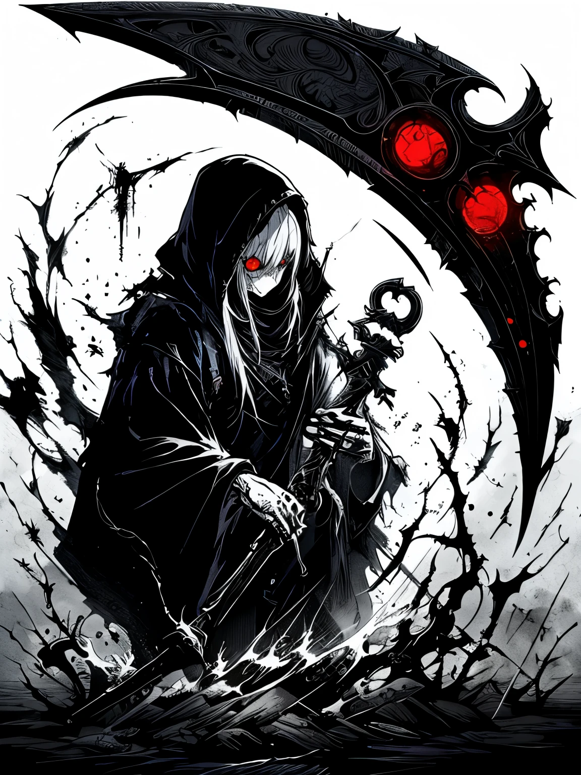 Cyberpunk style grim Reaper, Black and white graffiti illustration red blood spattered, Have a scythe , Glowing Eyes,