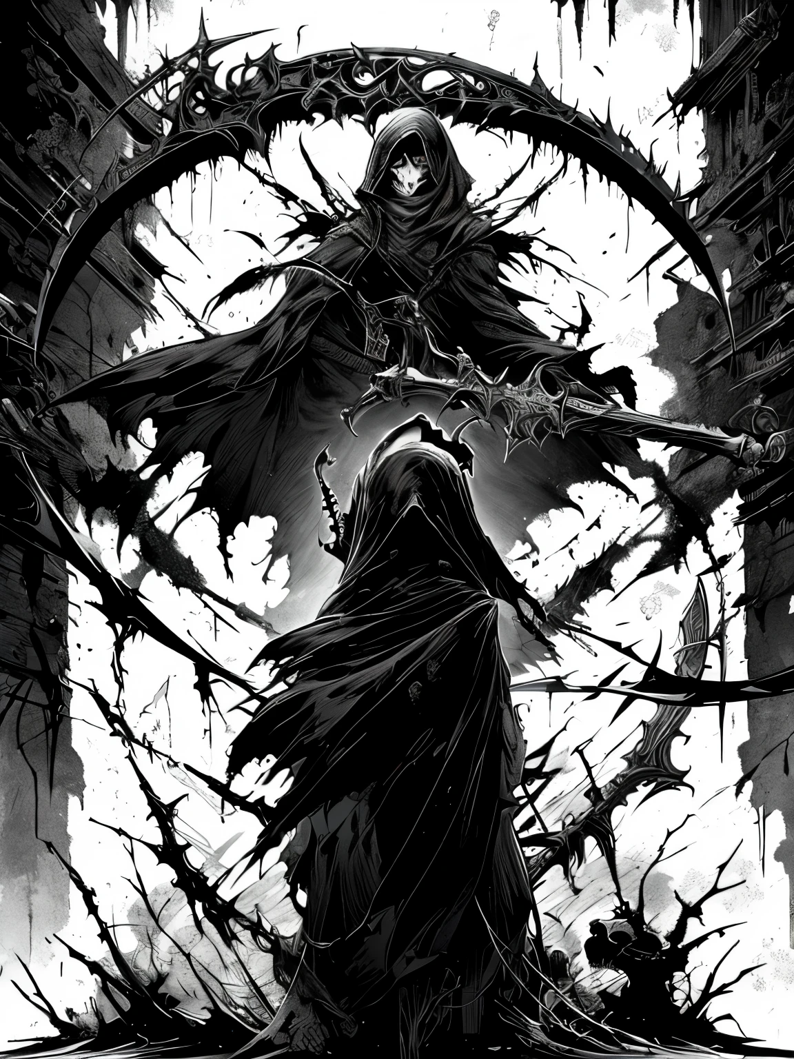 Cyberpunk style grim Reaper, Black and white graffiti illustration red blood spattered, Have a scythe , Glowing Eyes,