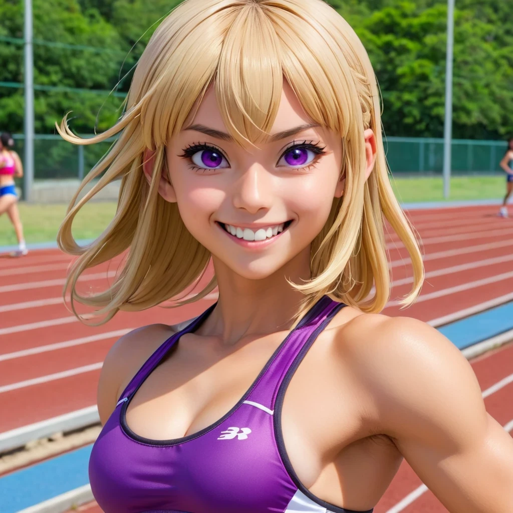 Masterpiece, best quality, 1girl, solo, teen, quarter Japanese, blonde hair, long hair, purple eyes, side parted bangs, short bangs, smile, medium breasts, sports bra, buruma, outdoors, track and field, smug