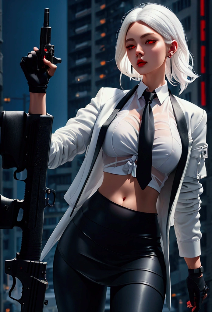 1 woman, Close up shot, (White hair medium hair, big breasts, red eyes), Perfect anatomy, city, Cyberpunk style((white shirt, black jacket, black skirt, navel, , Black Gloves and Tie, watch, earring, See through black leggings)), ((holding a gun)), War, ruined city, Battlefield, fragment, building,cigarette