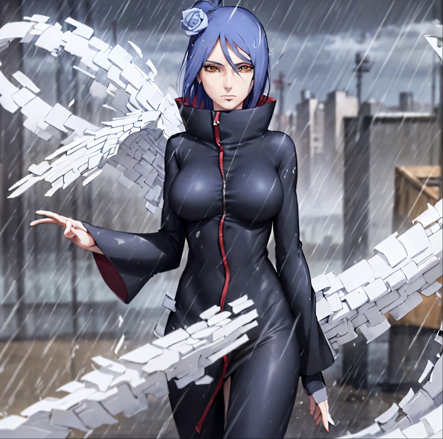 ((1girl)),((alone)),konan, \(Naruto\),(masterpiece), (best quality), (ultra detailed), (best illustration), (best shadow), (absurdities), focus sharp, cowboy shot, atmospheric perspective, depth of field, dynamic posture, ((looking at viewer)), medium breasts, narrow waist, wide hips, medium thighs, round butt, erotic, romantic, (very detailed, lips 1.1), highly detailed eyes, eyes, Highly detailed face, Very beautiful face, Symmetrical face, Aesthetic face, perfect face, perfect eyes, detailed eyelashes: 1.5), full height, beautiful slim figure, femininity, expressive appearance, elastic medium breasts, sexuality, half-open lips, yellow eyes, blue hair, short hair, hair ornament, paper flower, ninja bandana, breasts medium, makeup, black painted nails, ring, zipper, rain, paper, nose, open clothing, akatsuki suit, black tunic, red cloud print, paper wings, akatsuki suit, paper jutsu, labret piercing, curves , defined body, Perfect and beautiful body, perfect and beautiful, calm look, closed mouth, ((stoic expression)), blushing, (sexy pose: 1.2), ((solo)), standing: 1.3,((on top of a building:1.3,outside, industrial landscape, individual buildings, cloudy landscape, rain, rainy weather, wet ground, streets,)), Looking back, from behind, ((focus on back:1.4)), point of view:(from Middle), perfect anatomy, perfect hands
