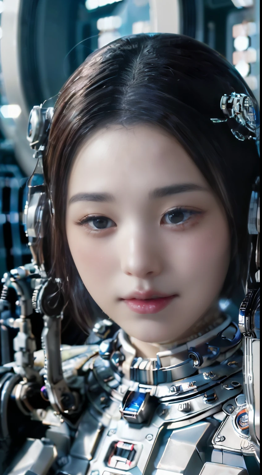 ((top-quality、8K、tmasterpiece:1.3))Wearing a silver-white mech，Girl with delicate face，The highest image quality，ultraclear，The facial features are delicate and clear，Armageddon，machine arm，exquisitedetails，Mechanical pattern,cyber punk perssonage、Cyber City、the number、Century、