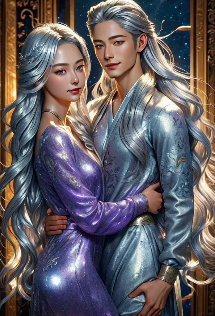 (Very realistic illustrations:1.2), (Realistic photos:1.2), clean face, smooth skin_There is a young, handsome, skinny guy.. A long-haired silver fox from mythology, the nine-tailed fox, On clothes, His nine tails spread out behind his back like fans.. He smiles.. He smiles thoughtfully.. (masterpiece), total length, Facing the viewer, surrealism, Fantastic lighting, firefly, Spangle, The overall tone is silvery purple..