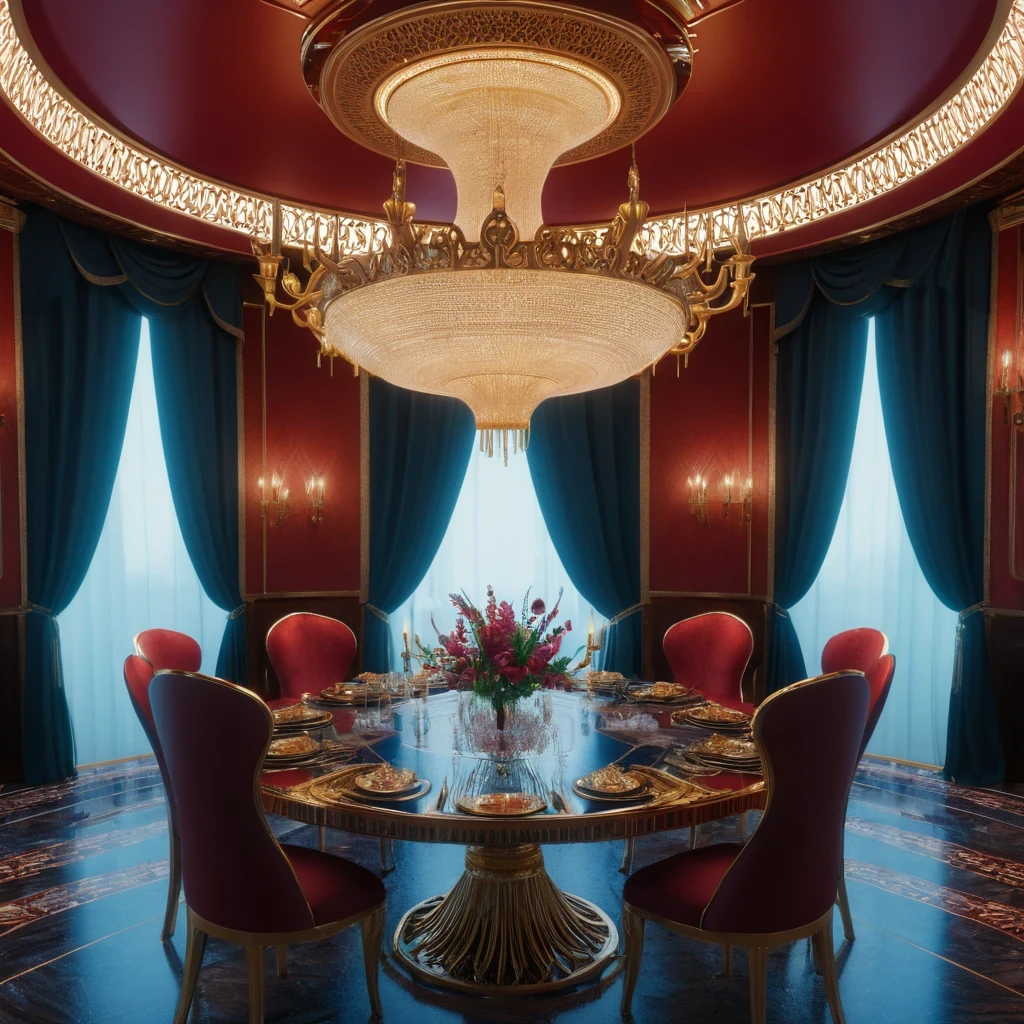 there is a dining room with a table and chairs and a chandelier, cgsociety 9, futuristic persian palace, cgsociety unreal engine, redshift houdini, futuristic. game cg, unreal engine cinema4d, ornate cyberpunk interior, hyperrealistic symmetrical 8k, rene lalique and eddie mendoza, cinematic unreal 5, cinematic smooth unreal engine  