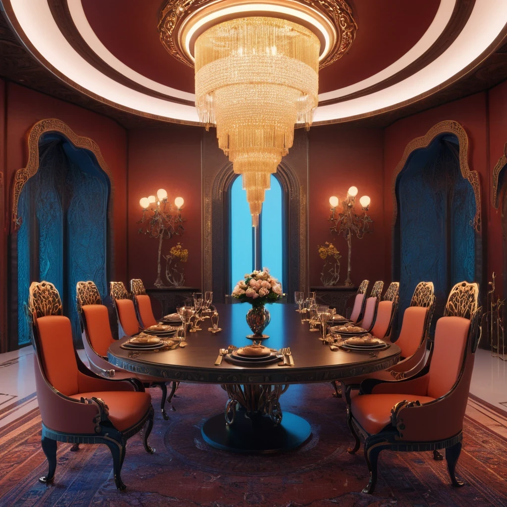 there is a dining room with a table and chairs and a chandelier, cgsociety 9, futuristic persian palace, cgsociety unreal engine, redshift houdini, futuristic. game cg, unreal engine cinema4d, ornate cyberpunk interior, hyperrealistic symmetrical 8k, rene lalique and eddie mendoza, cinematic unreal 5, cinematic smooth unreal engine  