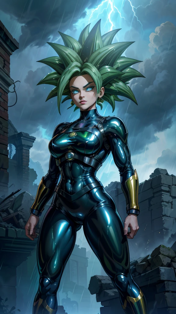  (La Best,high resolution,Ultra Detailed,Practical),Kevlar [Dragon Ball Super),(Green full hair :1.4) , Black cropped top, (Shiny white tights/shackles:1.4),,(Cyberpunk ruins background of ruins dungeon :1.4 ), More detailed 8K.The motor is not real:1.4,Ultra HD,La Best:1.4, Realistic:1.4, Skin texture:1.4, masterpiece:1.8,First Job, ,Object Object], (Delicate facial features:1.3),(Correct proportions),(Beautiful blue eyes:1.4 ),  (Dynamic cowboy pose), (Kevlar Dragon Ball Super:1.4), (Perfect anatomical structure :1.4),( Movie Lighting :1.4), (Kevlar Dragon Ball Super V2.1),( Background with thunderstorm and rain clouds :1.4), (Facial details: 1.5, Bright blue eyes, Beautiful face, Beautiful eyes, Iris outline, Thin lips: 1.5, Thin, Light eyebrows, Long, Black eyelashes, Double label),